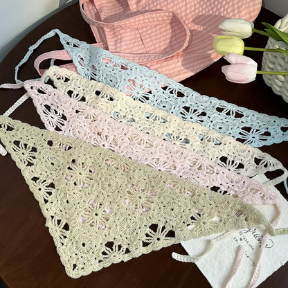 Fashion Knitted Headscarf Women French Pastoral Style Triangle Headband Handmade Crochet Headband Towel Retro Flower Headscar