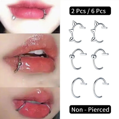 2Pcs/6Pcs Stainless Steel Fake C Clip Lip Ring Labret Piercing Earring Fake Nose Piercing Cool Women Body Jewelry Non-Pierced