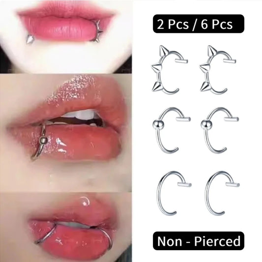2Pcs/6Pcs Stainless Steel Fake C Clip Lip Ring Labret Piercing Earring Fake Nose Piercing Cool Women Body Jewelry Non-Pierced