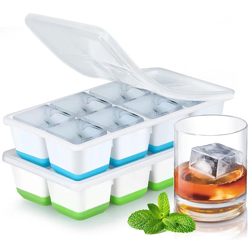 Large Ice Cube Trays Silicone Easy-Release Flexible Ice Cube Molds with Lids Big Square Cubed Ice Trays for Whiskey and Cockt