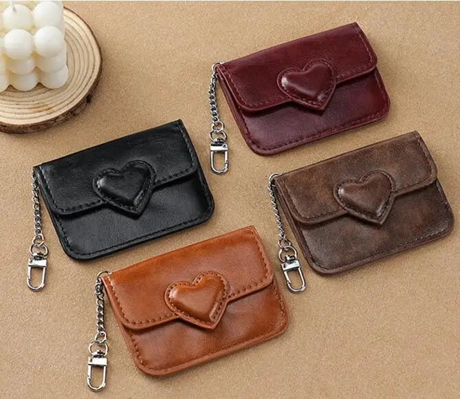 PULeather Card Holder Purse Women Cute Heart Shaped Small Wallet Multi-card Anti-magnetic Card Holder Travel Cash Coin Bag - 