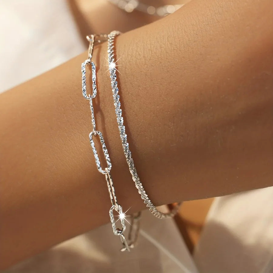 2pcs Charms 925 Sterling Silver Necklace Bracelet set for women men Paperclip Chain fine Design Match Daily Party wedding par