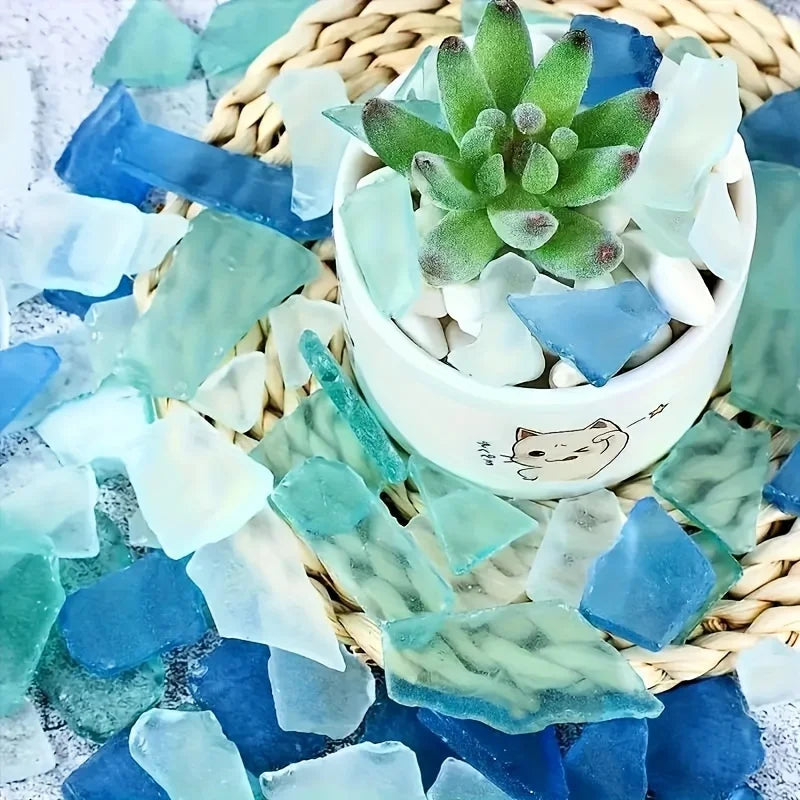 Craft decorations, sea colored glass shards, light frosted vase inlaid with glass, beach wedding party decorations, home deco