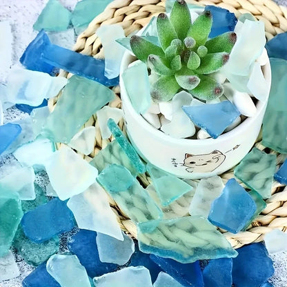 Craft decorations, sea colored glass shards, light frosted vase inlaid with glass, beach wedding party decorations, home deco