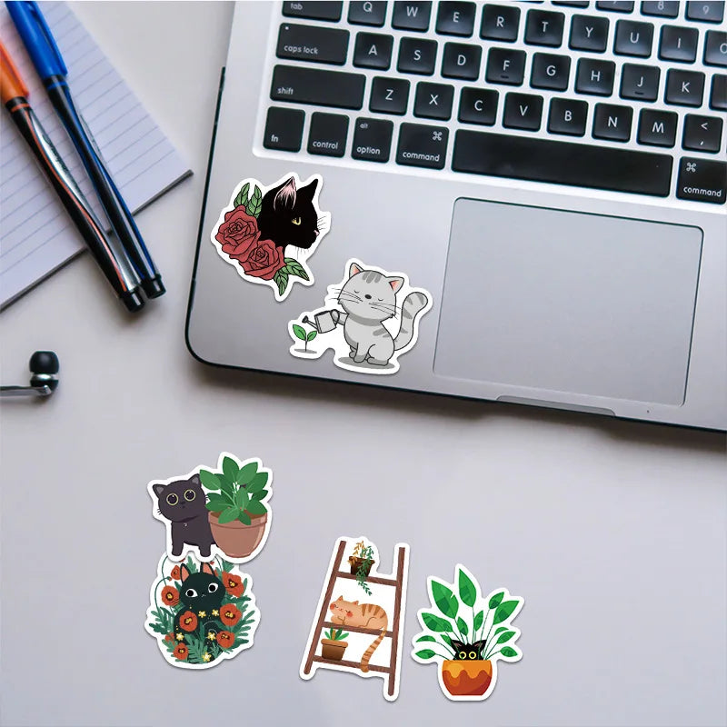 50 PCS Cat and Plant Stickers for Water Bottles,Cute Vinyl Waterproof Laptop Skateboard Stickers Aesthetic Computer Hydroflas
