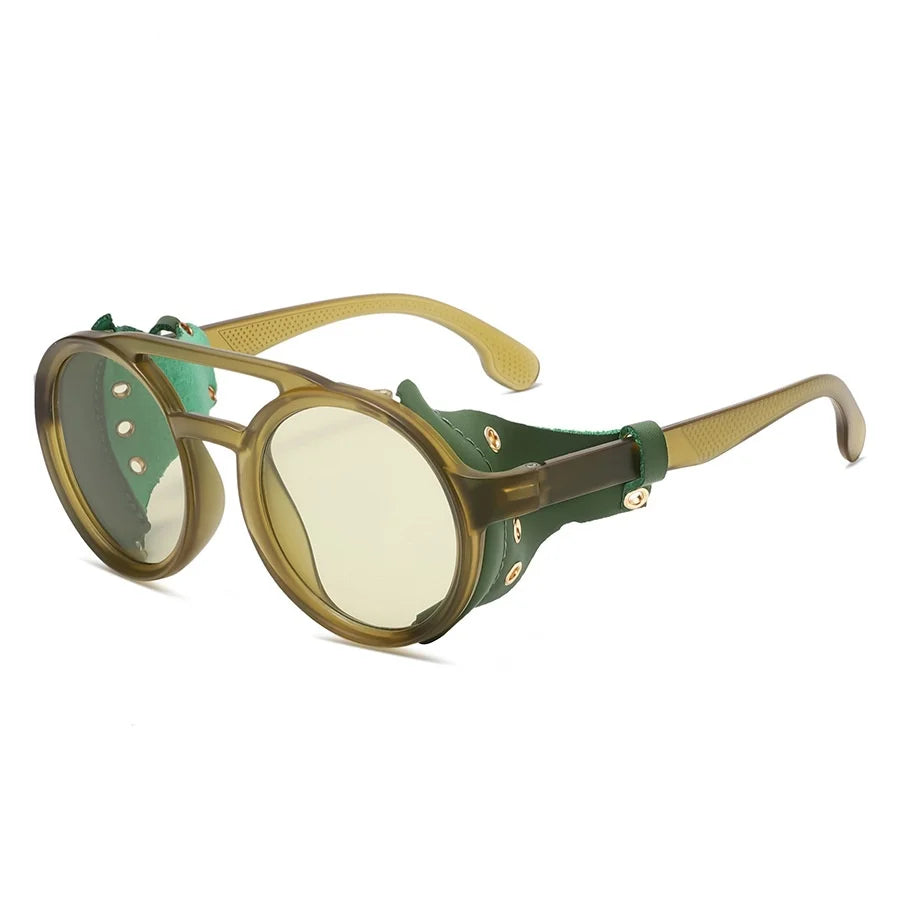Retro Sunglasses Men Women Leather Round Glasses Vintage Goggles Anti Wind Outdoors Sports Sun Glasses UV400 - Green
