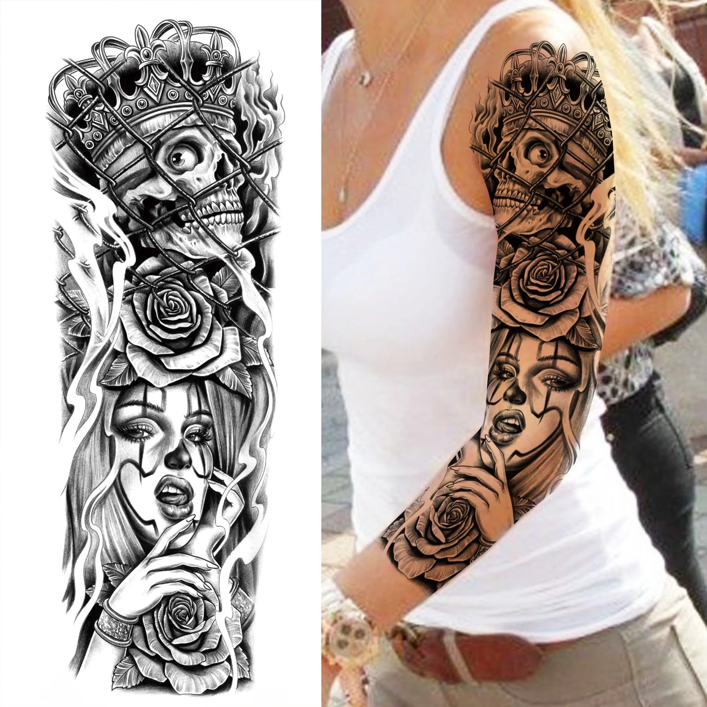 1 Sheets Wolf Lion Tiger Maori Temporary Tattoos For Men Women Adults Full Sleeve Arm Flower Rose Skull Tattoo Sticker Decor 