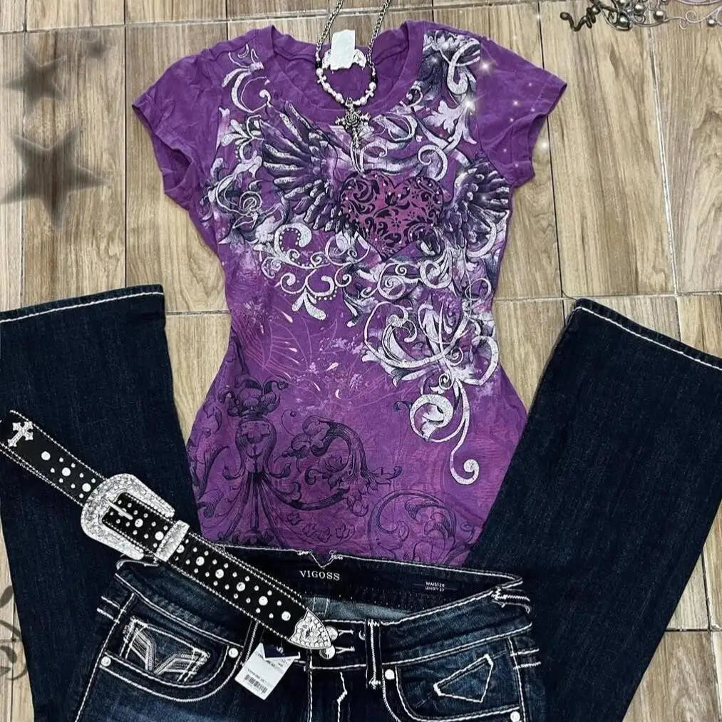 Women's Subculture Vintage Purple Print T-shirts American Street Hottie Slim Tees Fashion Y2K Punk Aesthetic Tops Chic Clothi