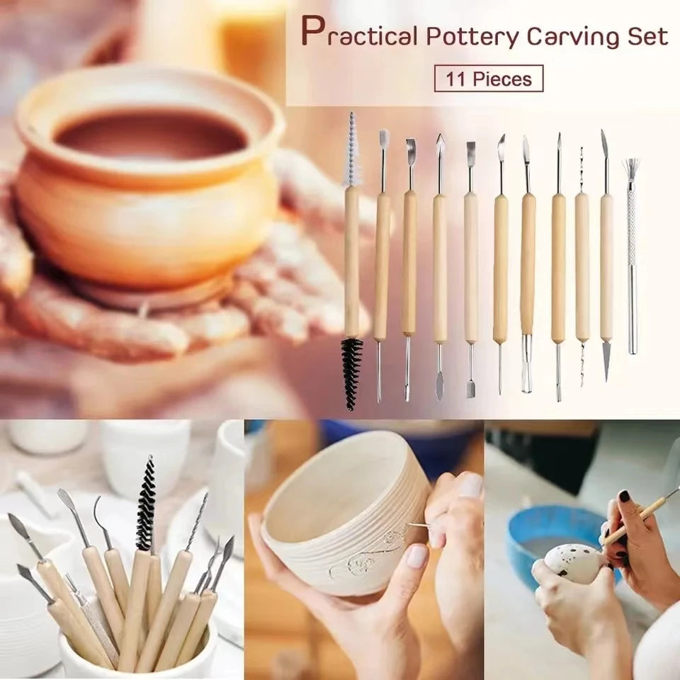 11Pcs Pottery Clay Sculpting Modeling Tool Set Double-Sided Ceramic Polymer Clay Carving Tools Kit With Smooth Wooden Handle