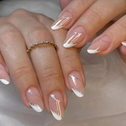 24PCS/ Almond Fake Nails Instantly Upgrade Your Look, Pink and White Set Off by Gold Lines, Simple and Generous, Suitable for
