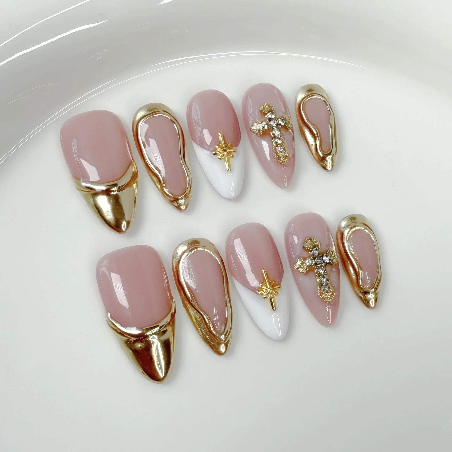 10Pcs Nude Pink Almond Manicure Nail Stickers Mid-length Ballet Simple Reusable Press on Nails Artificial Handmade False Nail