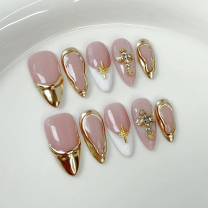 10Pcs Nude Pink Almond Manicure Nail Stickers Mid-length Ballet Simple Reusable Press on Nails Artificial Handmade False Nail