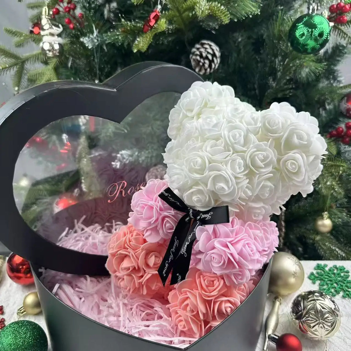 25cm Artificial Teddy Rose Flower Bear with Box Romantic Valentines Day Gift Girlfriend Women Anniversary Wedding Party Suppl