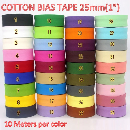 25mm (1") Width Cotton Bias Bindind Tape Backside Ironed Single Folded Cloth Ribbon For Garment Craft Sewing Accessories