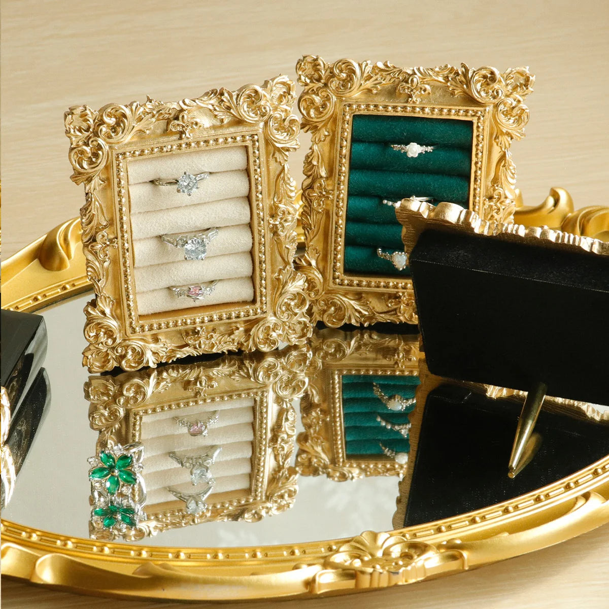 Vintage Gold Ring Display Stand,Suede Earring Tray Baroque Design,Wedding & Birthday Gifts, Velvet Organizer for Engagement P