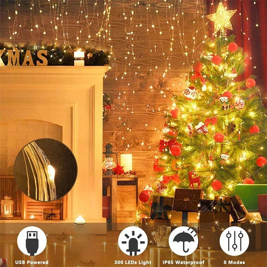 3M LED Curtain String Lights Fairy Decoration USB Holiday Garland Lamp 8 Mode For Home Garden Christmas Party New Year Weddin