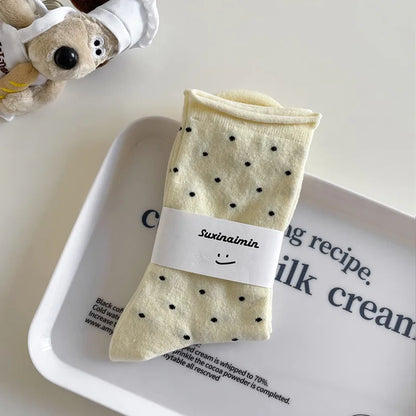 Women's spring summer thin vintage cream curled-edge women's socks polka dot mid-tube socks artistic socks women - 5