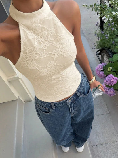Women's Sexy White Lace High Neck Halter Back Button Backless Slim Fit Crop Top Casual Daily Vacation Summer 2026