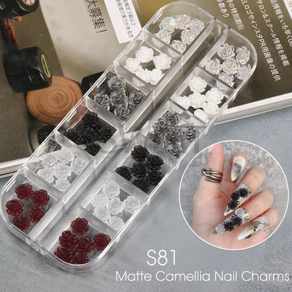 12 Grids Matte Camellia 3D Nail Art Decoration Charms Acrylic Flowers Decor Rose Valentine Punk Y2K Accessories Jewelry Parts