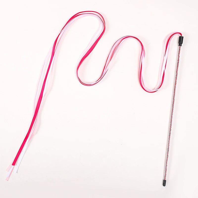 Interactive Cats Toys Long Satin Ribbon Cat Teaser Rod Toy Kitten Playing Teaser Wand Toy Cat Stick Toy - Red Ribbon