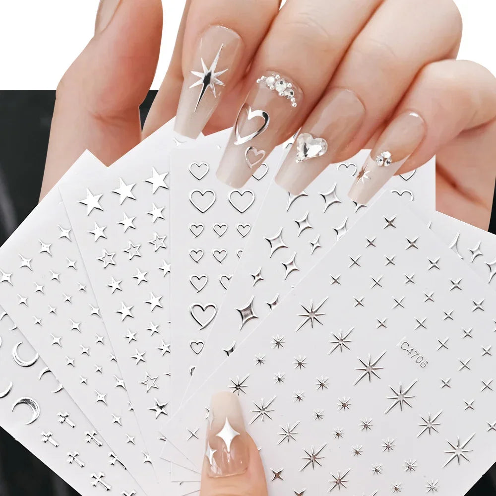 6 Sheets Metal Silver Nail Stickers Metallic 3D Star Nail Art Stickers Decals Self-Adhesive Nail Art Stickers Metal Chain Hea