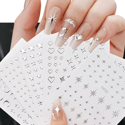 6 Sheets Metal Silver Nail Stickers Metallic 3D Star Nail Art Stickers Decals Self-Adhesive Nail Art Stickers Metal Chain Hea