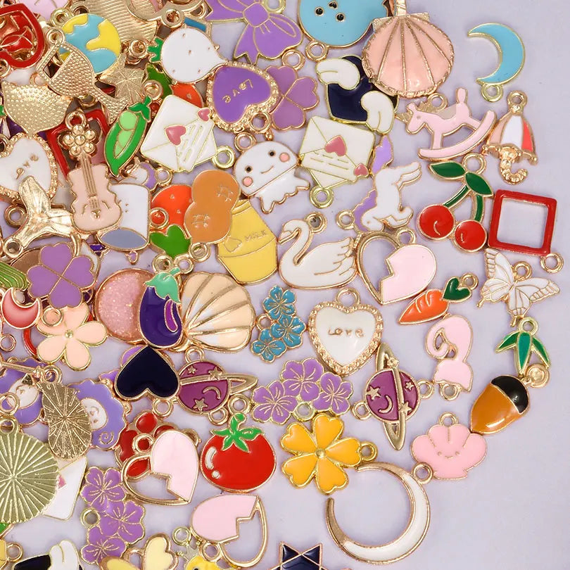 30/60/100pcs Random Mix Enamel/Drip Oil Charms For Jewelry Making Bulk Trinkets Charm Flower Heart Animal Bag Charm DIY Penda