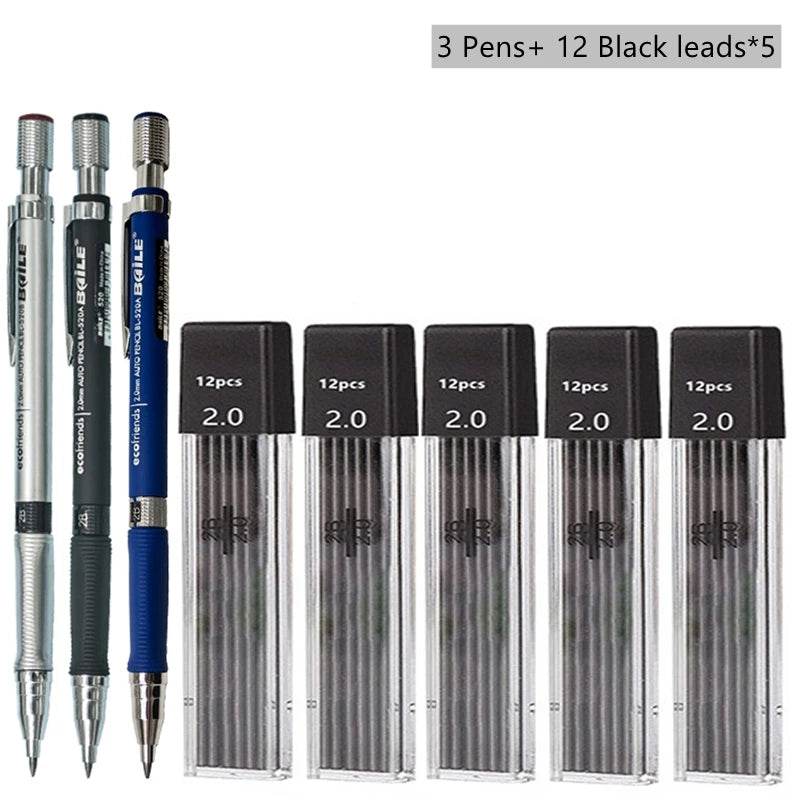 Mechanical Pencil Set 2.0 mm with 2B Black/Colors Lead Refill For Writing Sketching Art Drawing Painting School Automatic Pen