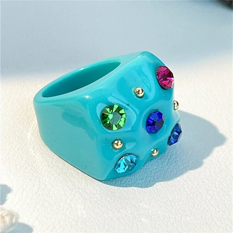 2022 New Sweet Multicolor Resin Oil Drip Ring for Women Geometric Oval Flowers Beads Rhinestones Ring Cute Jewelry HangZhi