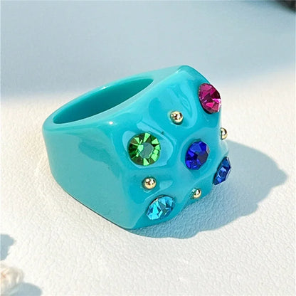 2022 New Sweet Multicolor Resin Oil Drip Ring for Women Geometric Oval Flowers Beads Rhinestones Ring Cute Jewelry HangZhi