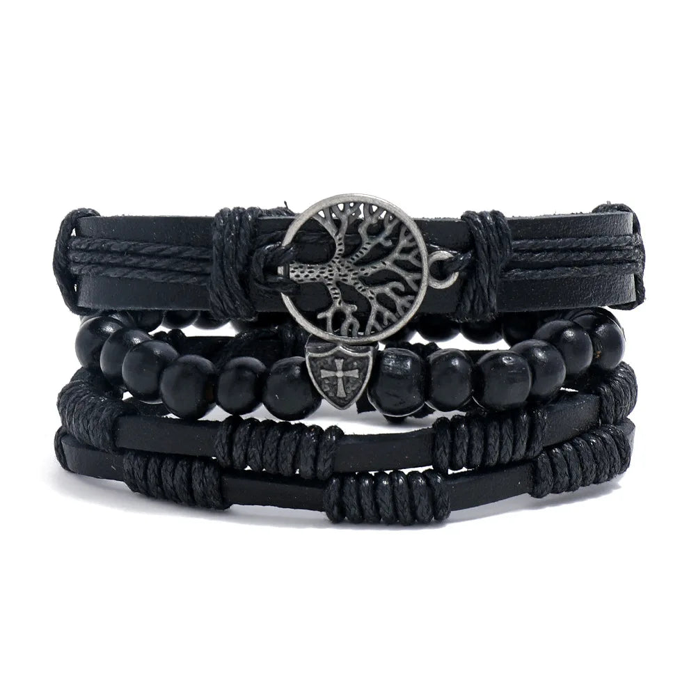 4Pcs/ Set Braided Wrap Leather Bracelets for Men Vintage Life Tree Rudder Charm Wood Beads Ethnic Tribal Wristband Rope Brace