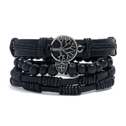 4Pcs/ Set Braided Wrap Leather Bracelets for Men Vintage Life Tree Rudder Charm Wood Beads Ethnic Tribal Wristband Rope Brace