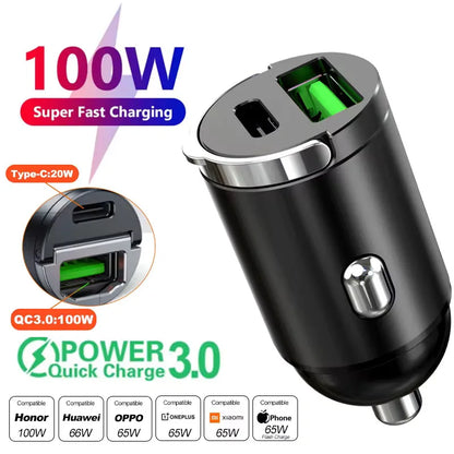 100W/200W QC3.0 PD Mini Car Charger 12-24V Lighter Fast Charging Car USB Type C Charger for Xiaomi Samsung Huawei iPhone Powe