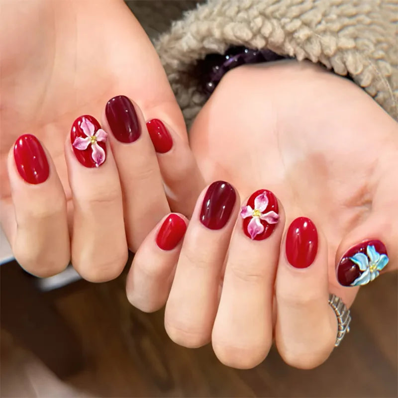 24Pcs Short Round Almond Lovely False Nails Full Cover Fresh Cartoon Fruit Pattern Designs Wearing Nails Art French Summer Na