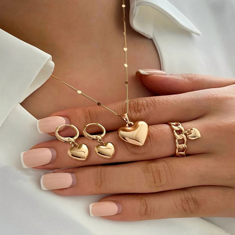 4Pcs/Set Vintage Love Heart Pendant Necklace Ring Hoop Earring for Women Simple Gold Color Smooth Jewelry Set Elegant Party G