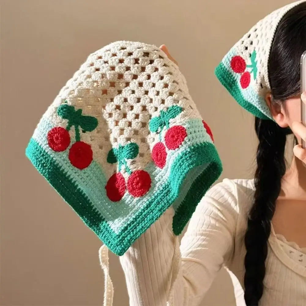 Retro Knitted Triangle Headband Crochet French Pastoral Style Girl Flower Headscarf Handmade Hollow Beach Vacation Headkerchi