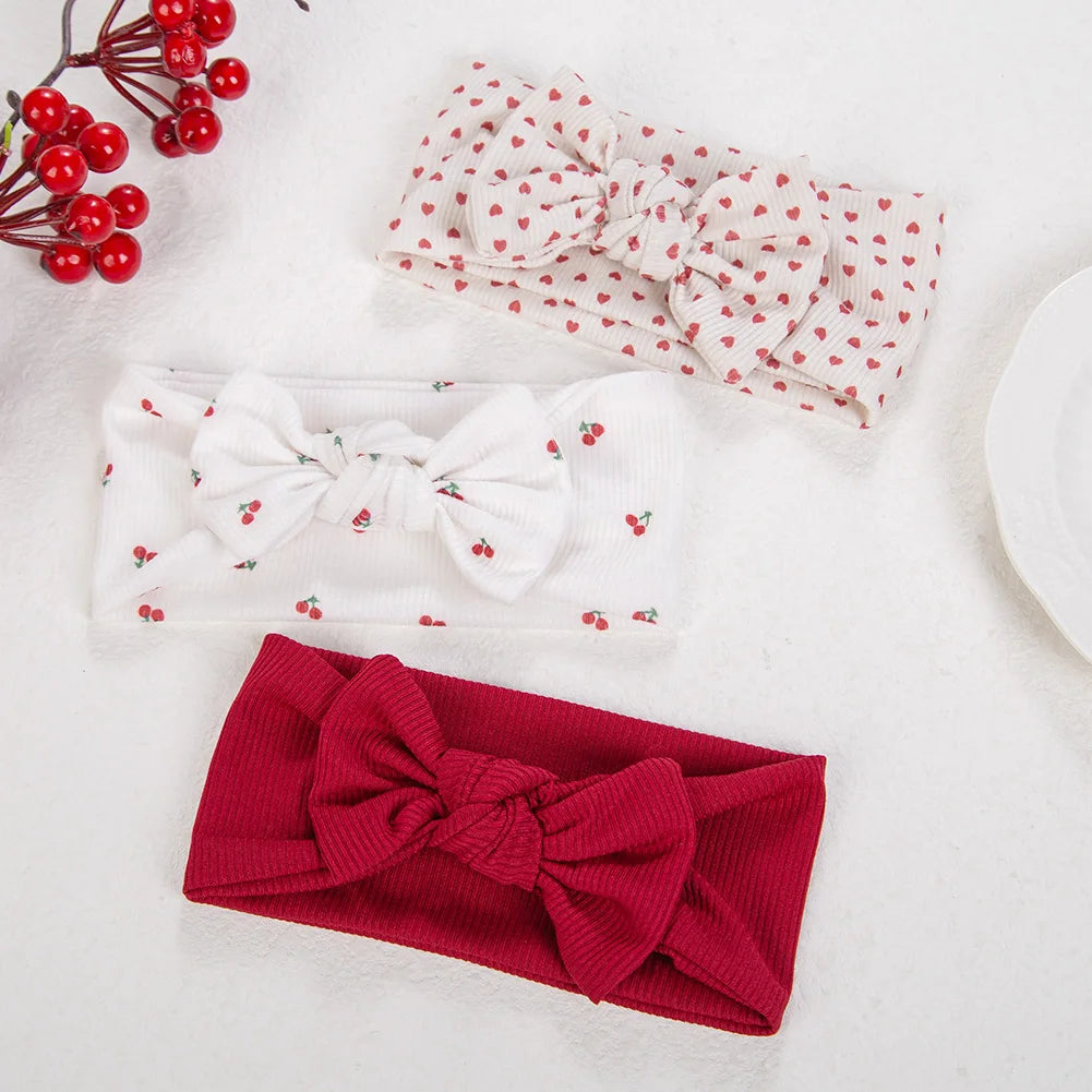 3Pcs/lot Ins Ribbed Baby Girls Headbands Floral Red Heart Dasiy Print Bows Elastic Hair Bands Toddler Vintage Hair Accessorie