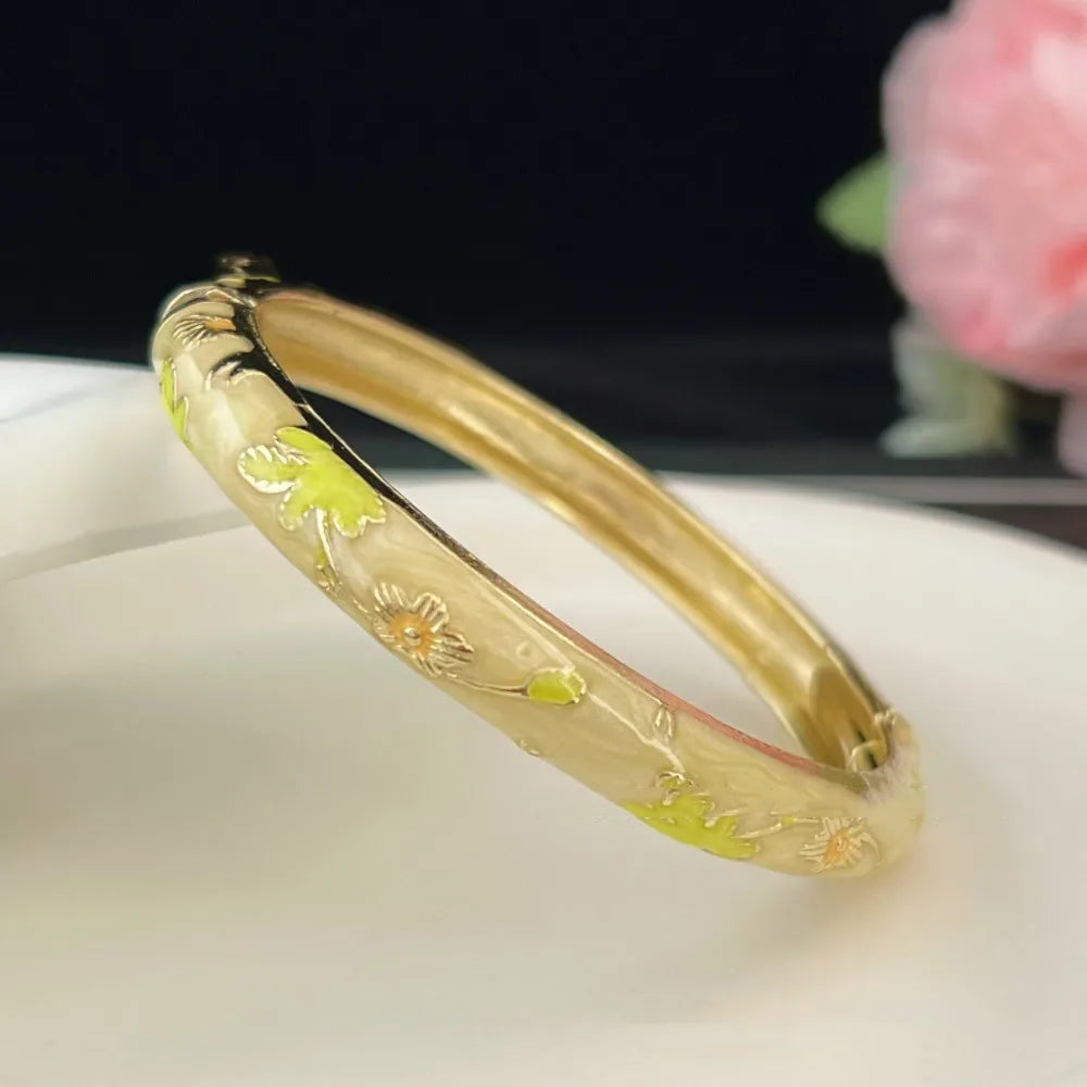 Enamel Chinese Cloisonne Bracelet Double Bangle Traditional Peony Filigree Flower Bangle Ethnic Vintage Women's Hand Bracelet