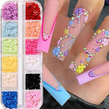 1box 3D Flower Bow Nail Art Decorations Kit Pink/White Acrylic Floral/Peal Beads Nail Charm with Wax Pen/Tweezer 4/6mm Nail P