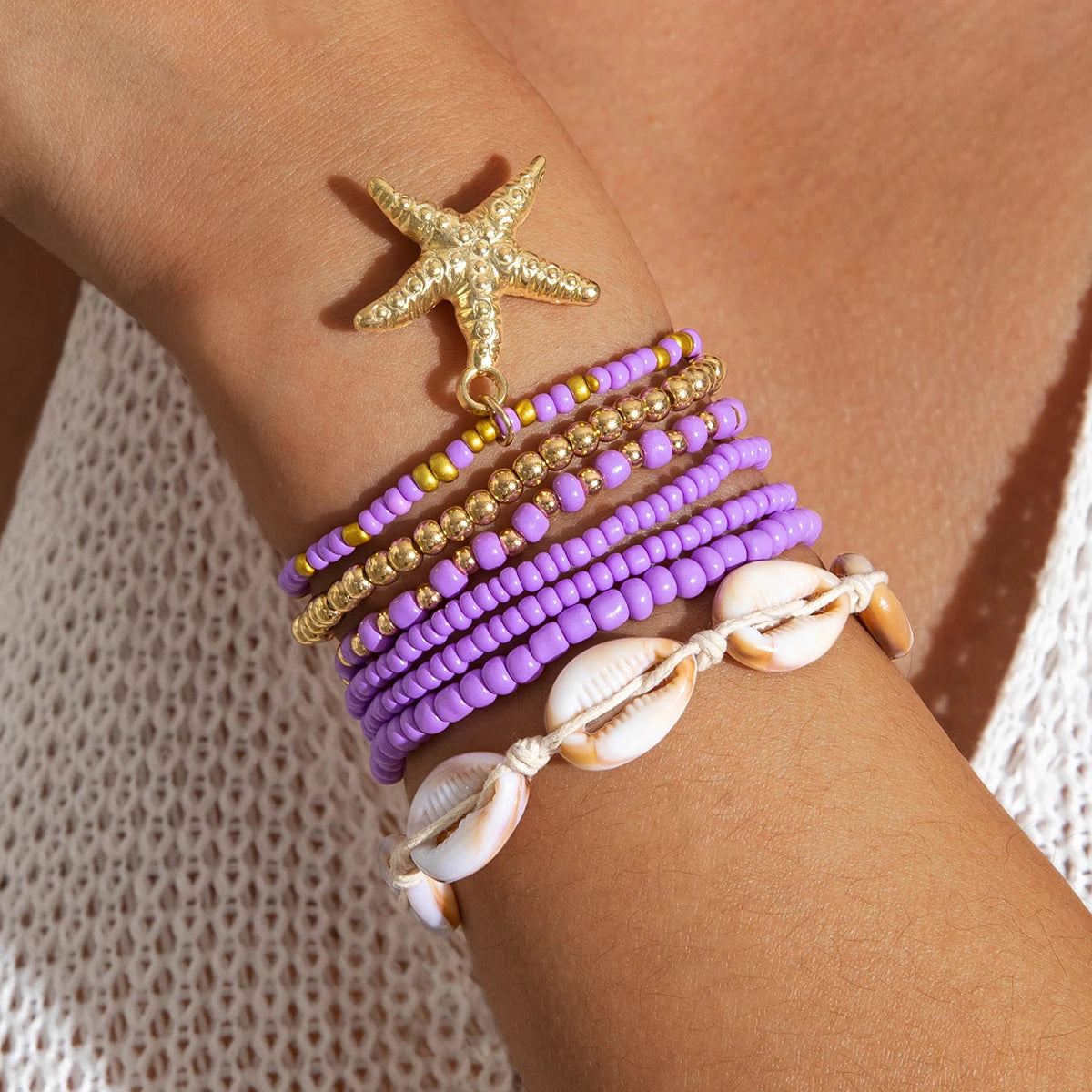 Tocona Bohemian Resort Style Shell Beaded Weaving Bracelet Beach Style Starfish Rice Beads Seven Piece Set for Women 25134