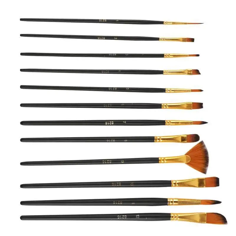 Multi-functional Watercolor Gouache 12 Pcs Short Wood Rod Oil Painting Brush Set Art Tool Beginner Nylon Hair Acrylic Materia