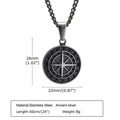 Vintage Compass Pendant Necklaces for Men Boys, Stainless Steel Coin Necklace, Rock Hiphop Collar Graduation Guide Gift - PN-