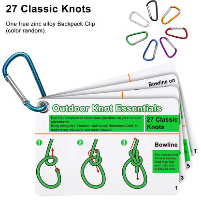 7PCS/SET Outdoor Knot Essentials Cards 27 Classic Knots Guide with Mini Carabiner, Durable Pocket Reference for Camping Backp