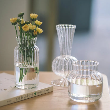 Transparent Glass Vases Hydroponic Plants Flower Arrangement Bottle Mini Retro Striped Vase Home Room Dinner Table Decor ﻿