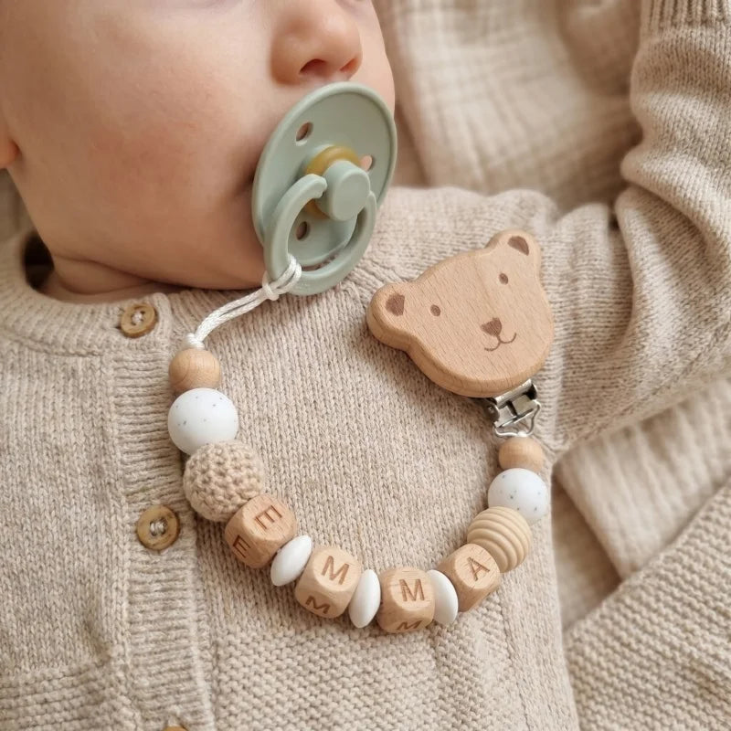 Personalized Pacifier Clip Custom Name Silicone Wooden Beads Baby Teether Chain Soother Holder BPA Free Newborn Baby Shower G
