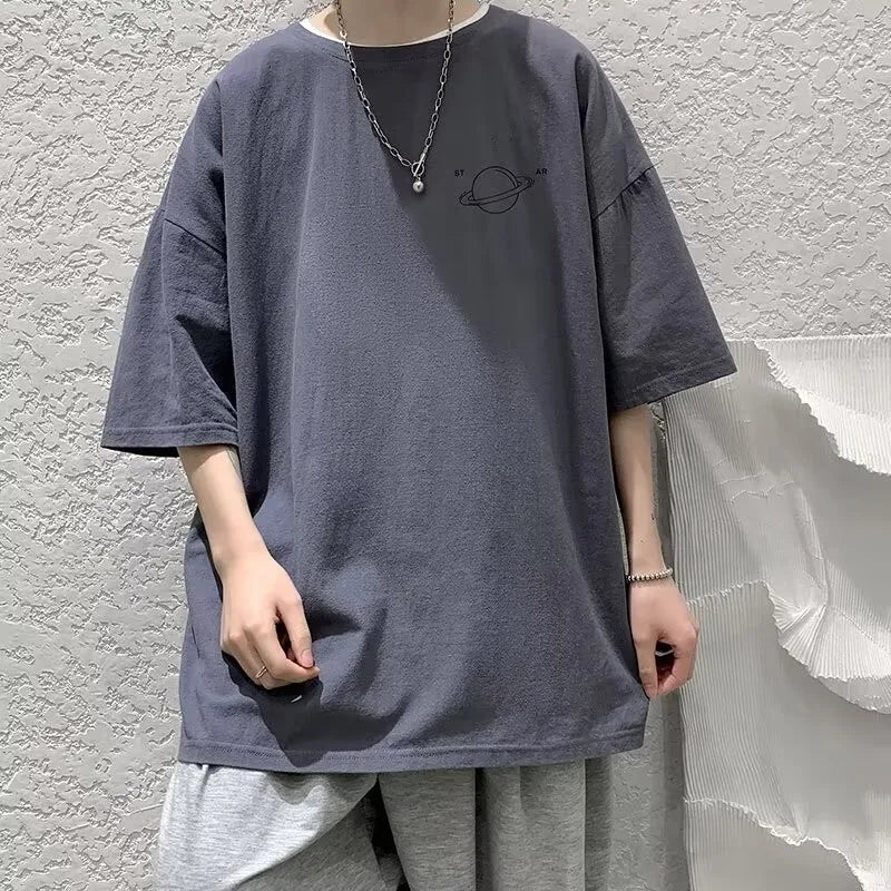Minimalist Planet Printed Men's Casual Top M-8XL Large Size T-shirt Trendy Versatile Short Sleeve