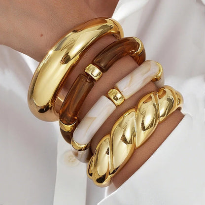 4pcs Vintage Minimalist Elegant Brown Resin Elastic Bangle Set Gold Color Smooth Open Bracelets For Women Daily Holiday Jewel