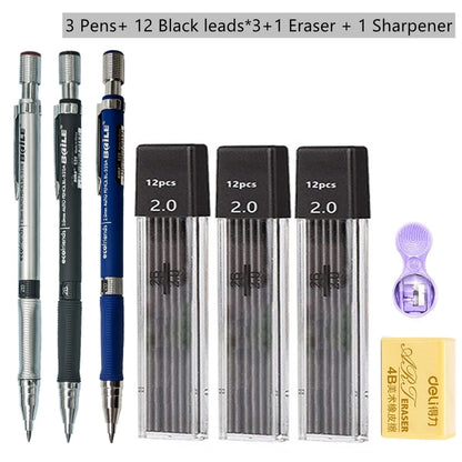 Mechanical Pencil Set 2.0 mm with 2B Black/Colors Lead Refill For Writing Sketching Art Drawing Painting School Automatic Pen
