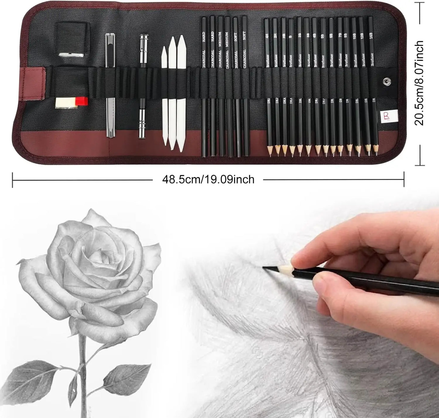29Pcs Drawing Kit Sketching Pencils Set,Portable Pen Curtain-Charcoal Pencils, Sketch Pencils, Charcoal Stick,Sharpener,Erase