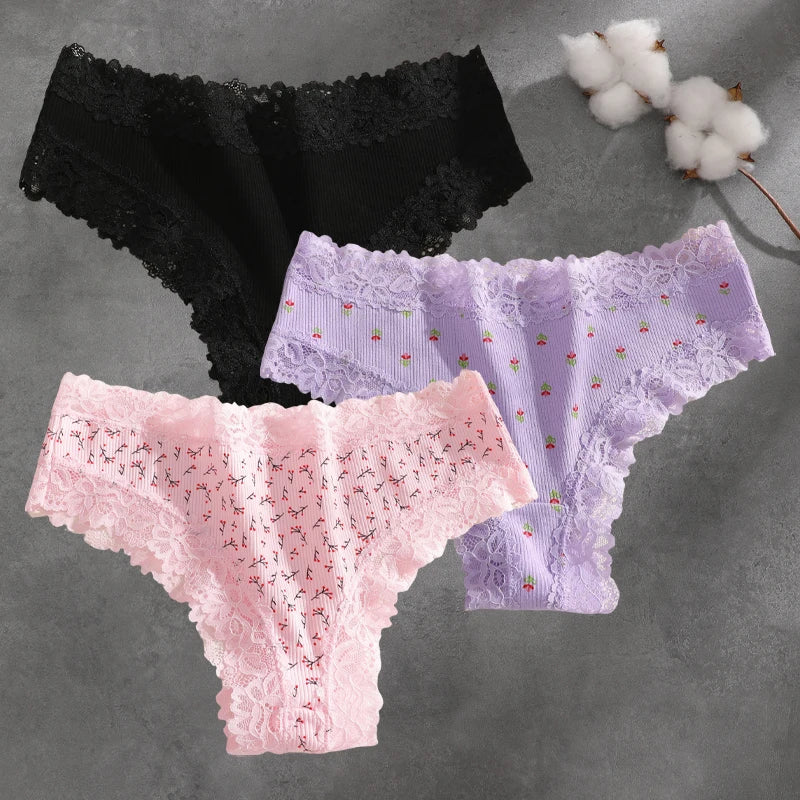 3Pcs Cotton Lace Patchwork Bikini Panties Women Seamless Floral Print Brazilian Pants Low Waist Breathable Female Sexy Linger